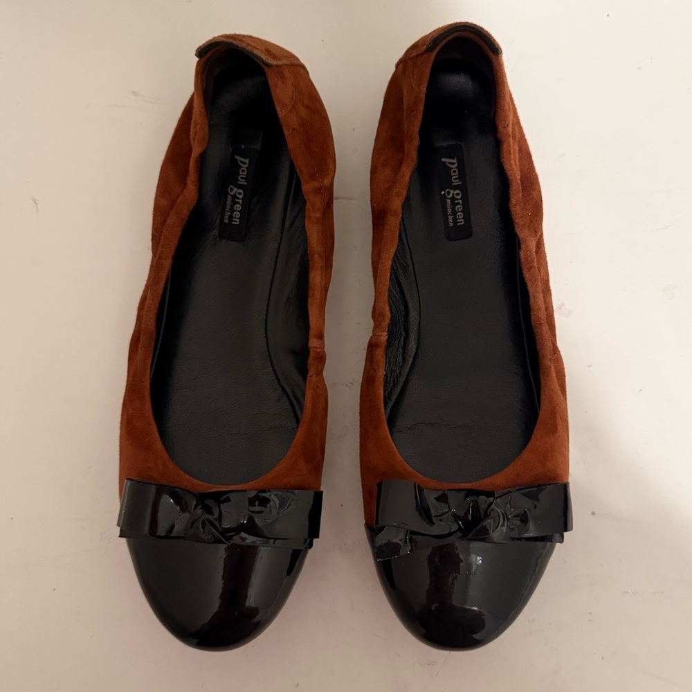 Paul Green Nellie Brown Suede Black Patent Cap Toe Ballet Flats Size US 7.5 UK 5